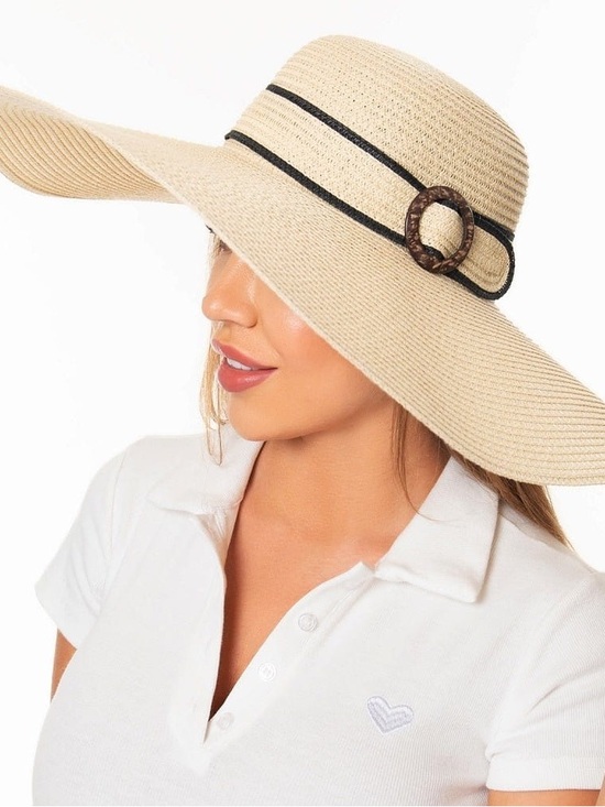 Accessories - Wide Brim Straw Sun Hat with Decorative Buckle - Beige